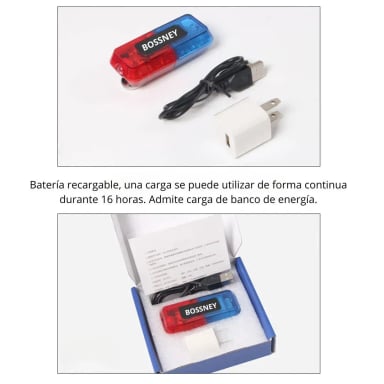 LUZ LED DE ADVERTENCIA RECARGABLE ROJA AZUL IP66 CON CLIP - 8