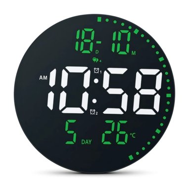 RELOJ DIGITAL LED REDONDO 25 CM CON ALARMA, FECHA, TEMPERATURA, BRILLO AJUSTABLE Y CONTROL REMOTO