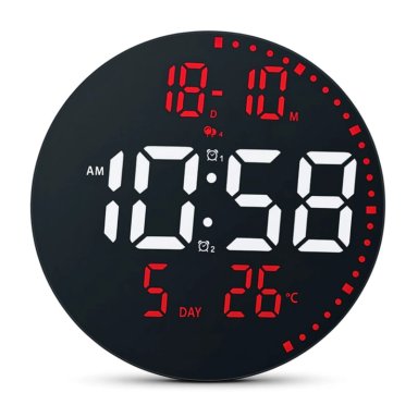 RELOJ DIGITAL LED REDONDO 25 CM CON ALARMA, FECHA, TEMPERATURA, BRILLO AJUSTABLE Y CONTROL REMOTO