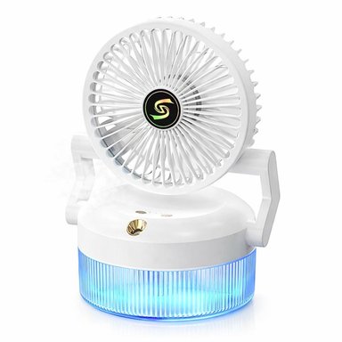 VENTILADOR DE ESCRITORIO CON HUMIDIFICADOR NANO Y LUZ AMBIENTAL, 3 VELOCIDADES Y CARGA TIPO C