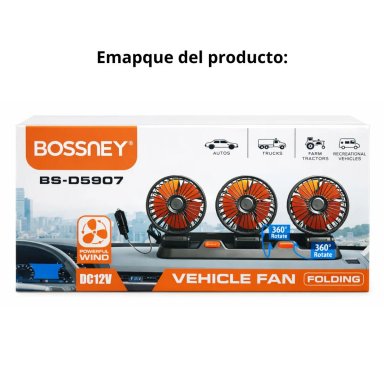 VENTILADOR PARA AUTO 12V TRIPLE CON BASE PLEGABLE CABEZAL GIRATORIO 360° VIENTO FUERTE Y BAJO RUIDO - 8