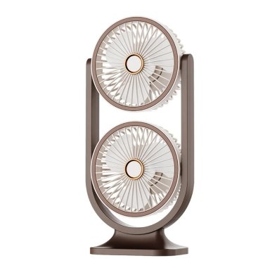 VENTILADOR DE ESCRITORIO DOBLE CABEZAL RECARGABLE CON ROTACIÓN 360°, 3 VELOCIDADES Y LUZ LED