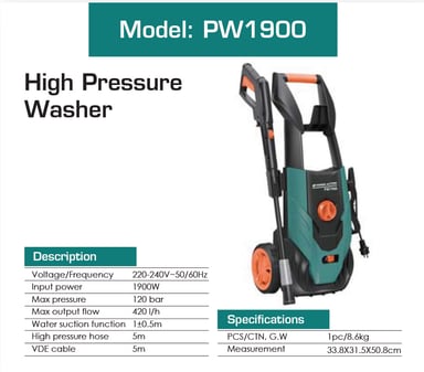 HIDROLAVADORA DE ALTA PRESION POWER ACTION 1900W - BAR 120 - 2
