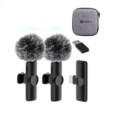 MICRÓFONO SOLAPERO INALÁMBRICO DUAL TIPO C CON FILTROS ANTIVIENTO Y ADAPTADOR PARA PC