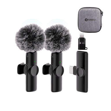 MICRÓFONO SOLAPERO INALÁMBRICO DUAL TIPO C CON FILTRO ANTIVIENTO Y ADAPTADOR PARA IPHONE