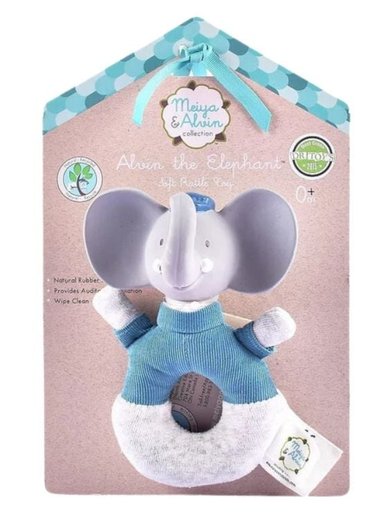 MEIYA Y ALVIN SONAJERO TEXTIL Y JUGUETE MORDEDOR CAUCHO NATURAL MODELO ALVIN EL ELEFANTE