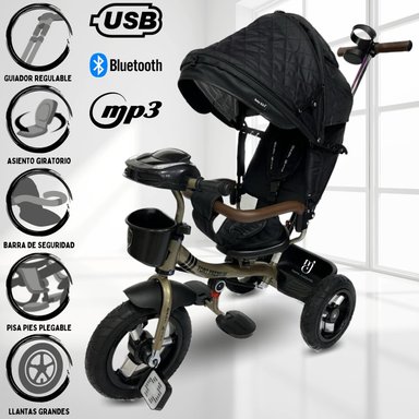 TRICICLO BABY KITS FORT PREMIUM NEGRO GUIADOR 3 EN 1 USB