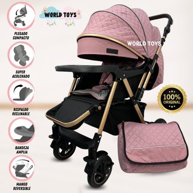 COCHE CUNA BABY BOMBSHELL ROSADO DE LUJO CON BOLSO PAÑALERO