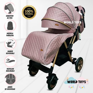 COCHE CUNA DE LUJO «LONDRES II» CON MOCHILA PAÑALERA ROSADO