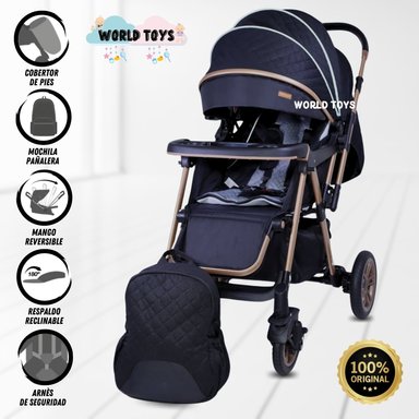 COCHE CUNA DE LUJO «LONDRES II» CON MOCHILA PAÑALERA NEGRO