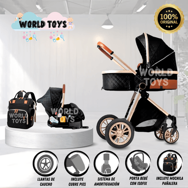 COCHE CUNA BABY GOLD LABELL NEGRO MOISÉS LUJO CON PORTABEBÉ
