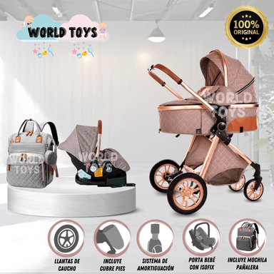 COCHE CUNA BABY GOLD LABELL CAFÉ MOISÉS LUJO CON PORTABEBÉ