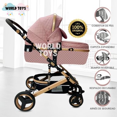 COCHE CUNA BABY ROSADO MOISÉS LUJO LOVY CON PORTAVASO