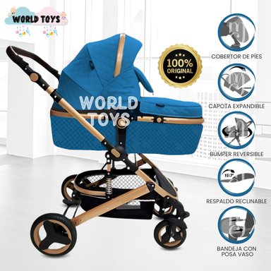 COCHE CUNA BABY AZUL MOISÉS LUJO LOVY CON PORTAVASO