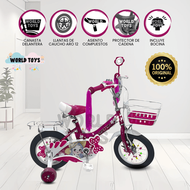 BICICLETA CAMPERA CON CANASTA ARO 12 «CANDY III» FUCSIA