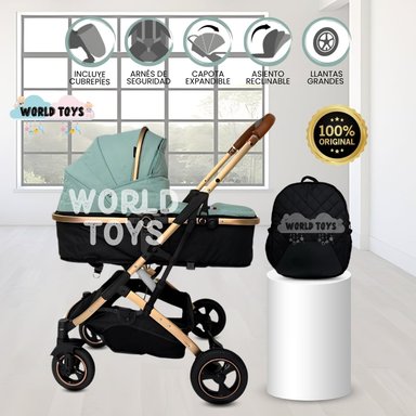 COCHE MOISÉS DE LUJO CON MOCHILA PAÑALERA «GOLDEN II» MENTA