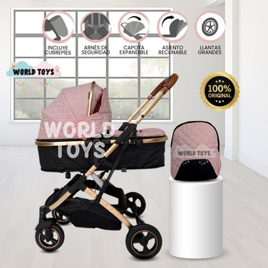 COCHE MOISÉS DE LUJO CON MOCHILA PAÑALERA «GOLDEN II» ROSA