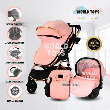 COCHE CUNA DE LUJO 3 EN 1 «THORINE PLUS 3 EN 1 CON BOLSO PAÑALERO Y PORTABEBÉ ROSA