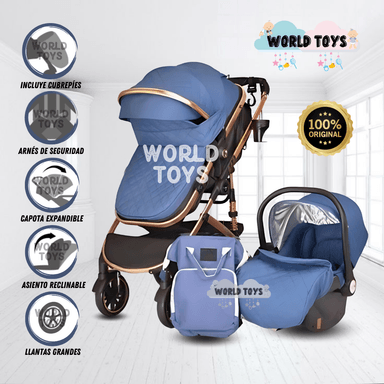 COCHE CUNA DE LUJO 3 EN 1 «THORINE PLUS 3 EN 1 CON BOLSO PAÑALERO Y PORTABEBÉ AZUL