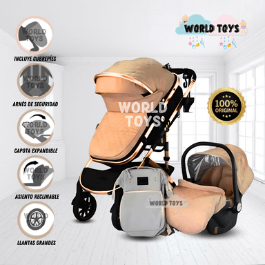COCHE CUNA DE LUJO 3 EN 1 «THORINE PLUS 3 EN 1 CON BOLSO PAÑALERO Y PORTABEBÉ BEIGE