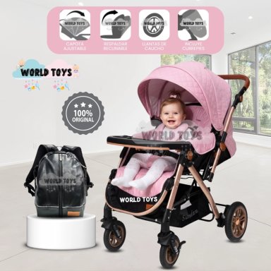 COCHE CUNA DE LUJO «SUNDARA PREMIUM» CON MOCHILA PAÑALERA PINK