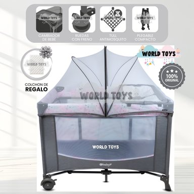 CUNA CORRAL «NELA» GREY PINK CON COLCHÓN