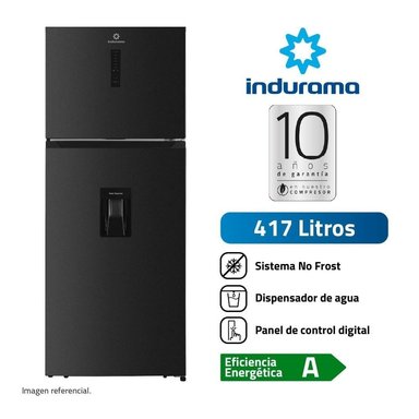 REFRIGERADORA INDURAMA TOP FREEZER NO FROST 417 LTS CON DISPENSADOR AGUA RI-478DN NEGRO