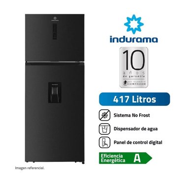 REFRIGERADORA INDURAMA TOP FREEZER 417 LTS CON DISPENSADOR AGUA RI-478DN NEGRO