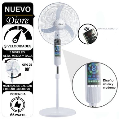 VENTILADOR DE PIE DIORE 65 WATTS DIGITAL PEDESTAL CONTROL REMOTO 3 VEL BLANCO