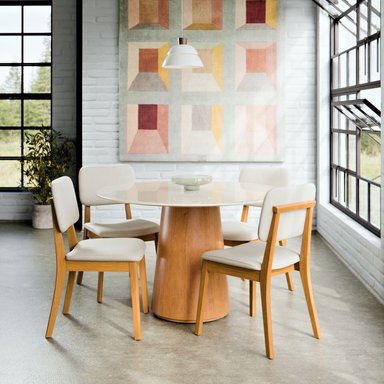 COMEDOR REDONDO 4 SILLAS SARA VIDRIO CLASSIC LINO BEIGE