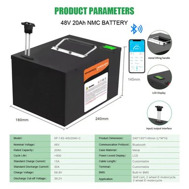 BATERÍA PARA MOTO ELÉCTRICA DE 48V 20AH LITIO CON BLUETOOTH Y PANTALLA LCD - HORIZONTAL - 6