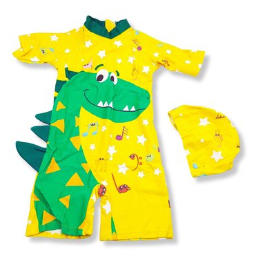 TRAJE BAÑO NIÑO AMARILLO UV CON DINOSAURIO VERDE CUELLO LARGO