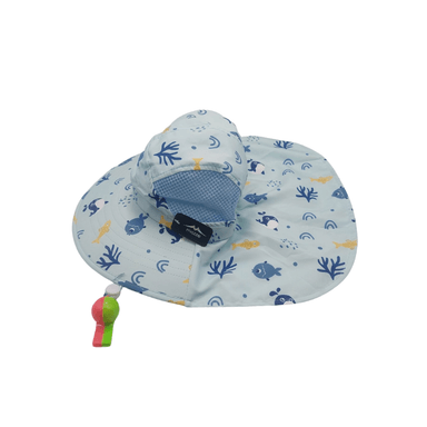 SOMBRERO CON SILBATO ANARANJADO CON VERDE Y DISEÑO DE PESCADITOS