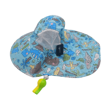 SOMBRERO CON SILBATO AMARILLO CON VERDE Y DISEÑO DE DINOSAURIOS