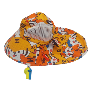 SOMBRERO CON SILBATO AZUL Y AMARILLO Y DISEÑO DE GATOS