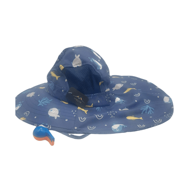 SOMBRERO CON SILBATO ANARANJADO CON AZUL Y DISEÑO DE PESCADITOS