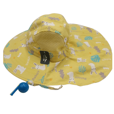 SOMBRERO CON SILBATO AMARILLO CON AZUL Y DISEÑO DE CONEJITOS