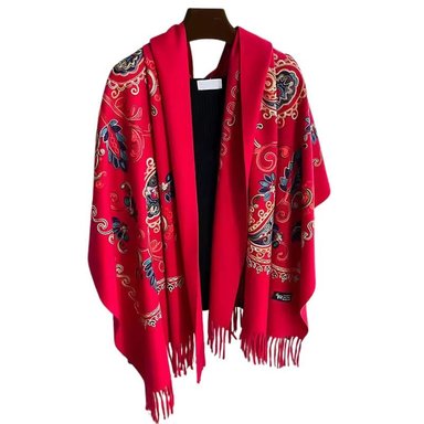 BUFANDA CHAL BORDADO ROJO CON DETALLES PARA MUJER