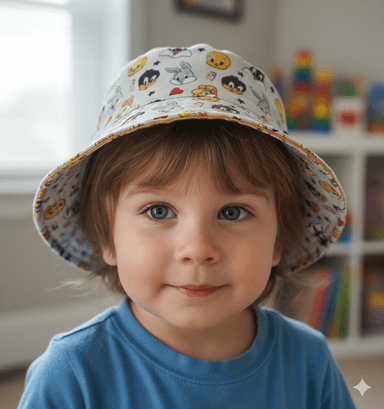 GORRO REVERSIBLE DE DIBUJOS ANIMADOS PARA NIÑOS GRIS Y AMARILLO