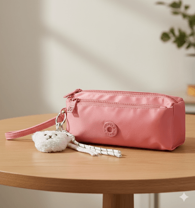 CARTUCHERA DE 3 COMPARTIMENTOS Y LLAVERO DE MONO ROJO CORAL