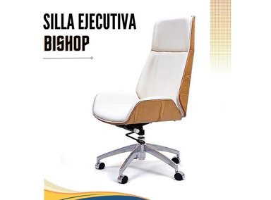 SILLA EJECUTIVA GIRATORIA BISHOP MADERA CUERO BLANCO 360°