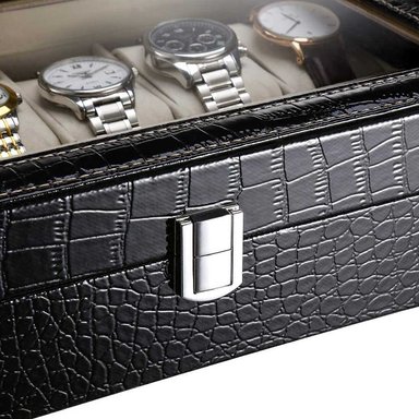 ORGANIZADOR PORTA RELOJ MEGIM NEGRO BRILLANTE DISEÑO PIEL DE COCODRILO CAJA 12 RELOJES - 2