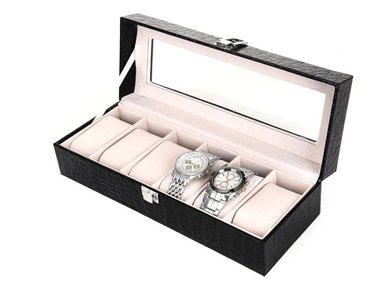 ORGANIZADOR PORTA RELOJ MEGIM NEGRO BRILLANTE DISEÑO PIEL DE COCODRILO CAJA 6 RELOJES N