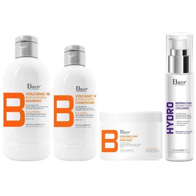 SHAMPOO BAOR PROFESSIONAL + ACONDICIONADOR + MASCARILLA + HYDRO COLLAGEN B VOLCANIC MUD