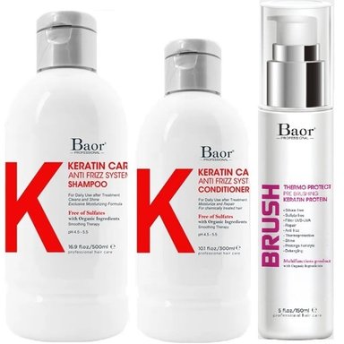 SHAMPOO BAOR PROFESSIONAL EMPHASEBKC010 POST ALISADO + ACONDICIONADOR + BRUSH BAOR K KERATIN CARE