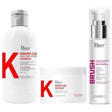 SHAMPOO BAOR PROFESSIONAL EMPHASEBKC011 POST ALISADO + MASCARILLA + BRUSH BAOR K KERATIN CARE