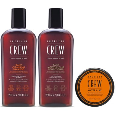 SHAMPOO AMERICAN CREW DAILY + ACONDICIONADOR + CERA MATTE CLAY MEN - 1