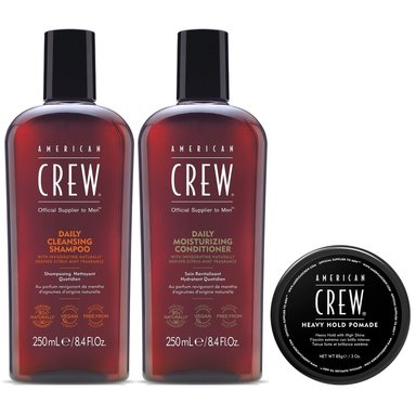 SHAMPOO AMERICAN CREW DAILY + CONDITIONER + CERA HEAVY HOLD POMADE MEN - 1