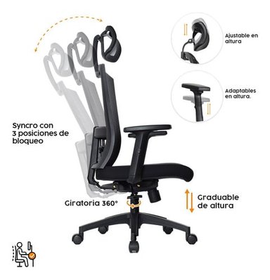 SILLA ERGONOMICA BONNO MONK NEGRO CON CABECERO - 5