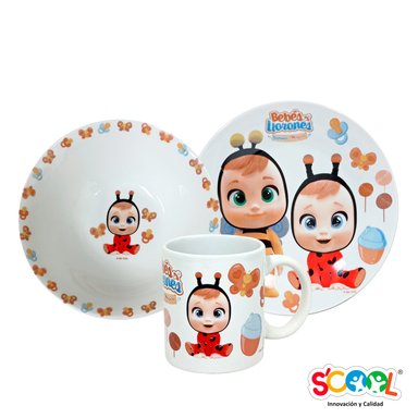 SET SCOOL CERAMICA X3 PIEZAS BOWL + PLATO + TAZA CRY BABIES BLANCO